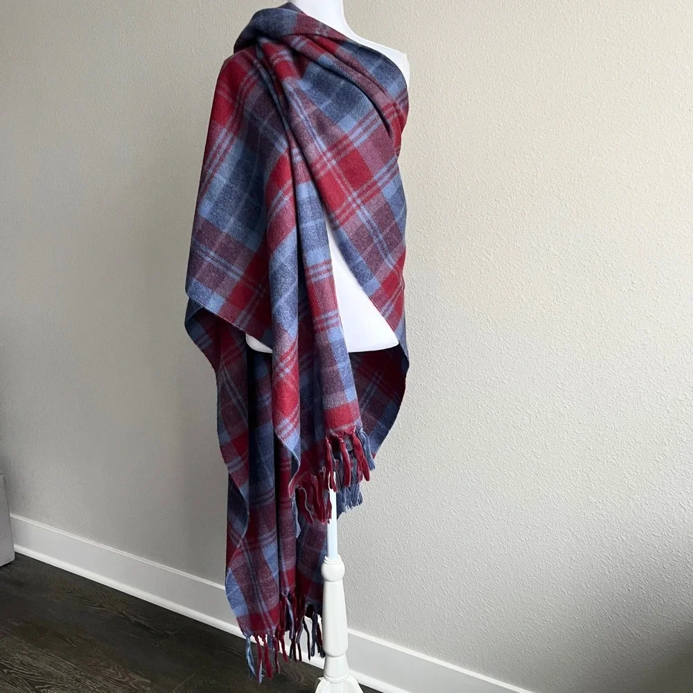 Vtg Specialty House Plaid Fringe Shawl Wrap Poncho Cape Red Blue Oversized Soft